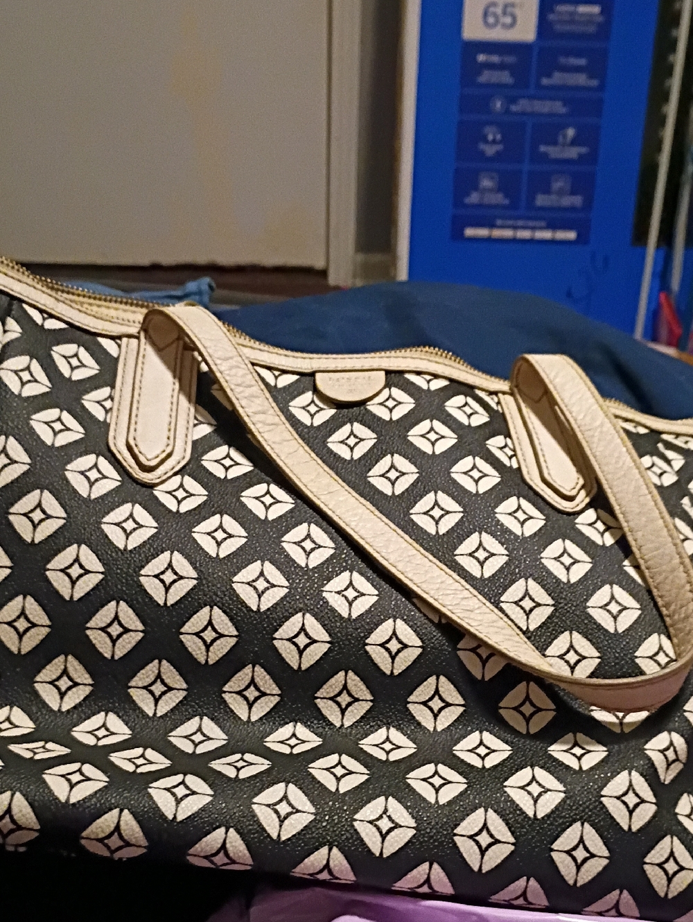 Fossil Black Tote with Cream Geometric Print and Cream Trim